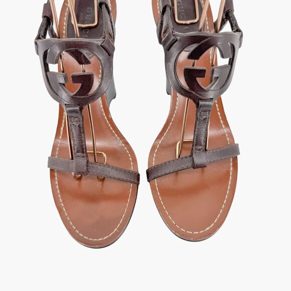 Gucci GG Interlock Cutout Wedge Sandals Size 7.5 Brown Leather Logo Platform - Picture 4 of 16